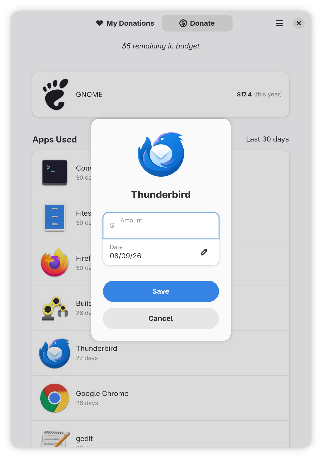 A donation dialog for Thunderbird